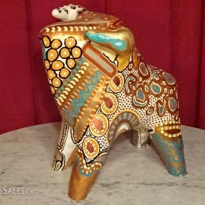 LARGE CERAMIC BULL SCULPTURE, COLORFUL HANDPAINTED FINISH, VERY GOOD CONDITION