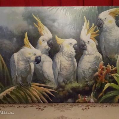 HUGE 6 FT GICLEE ON CANVAS, 5 COCKATOOS, UNFRAMED GALLERY WRAPPED, VERY GOOD CONDITION, 72