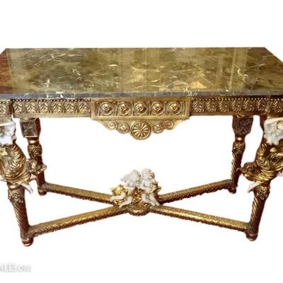 ROCOCO GILT WOOD AND MARBLE CONSOLE TABLE WITH COMPOSITE MOULDED FIGURES AND ACCENTS