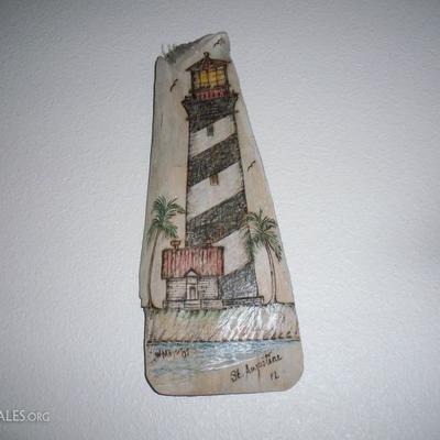 Painted Lighthouse on driftwood