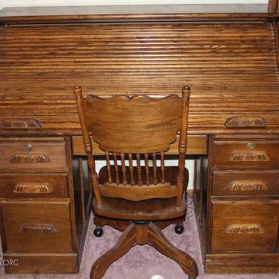 Oak Rolltop Desk and Swival Chair