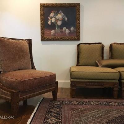 Sloped Arm Chairs, Pair, Carved Frame Ottomans