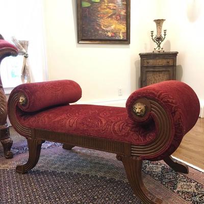Rolled Arm Upholstered Bench with Lion Head Detail 