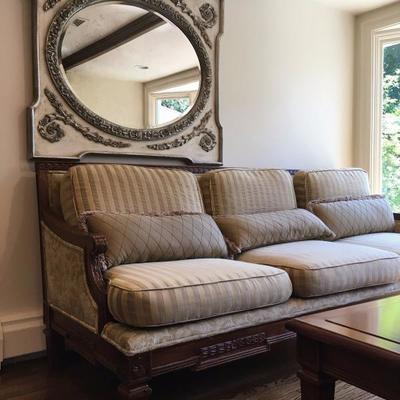 Custom Made Carved Frame Sofa and Matching Love Seat, Ornate Mirror