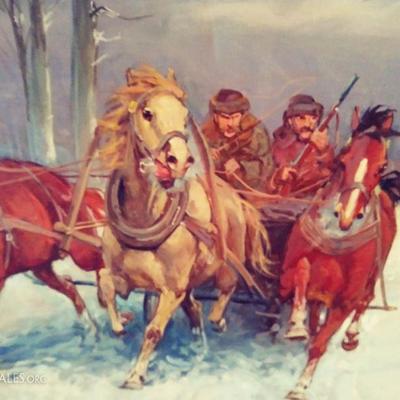 Original oil painting of gorgeous winter scene of "The Woodsmen"