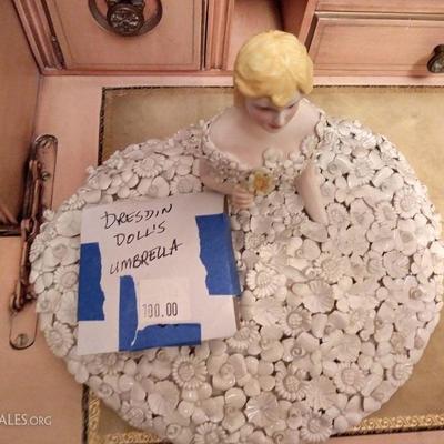 Dresen porcelain sitting flower lady, (see two other photos with details. Umbrella not shown but is in that little wrapped package on her...