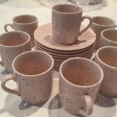 8 ceramic demitasse cups & saucers "sweet pink confetti" 