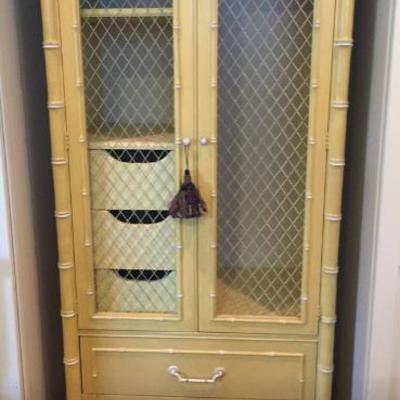 Thomasville yellow armoire with drawers, hanging bar, and shelves. Perfect for baby's room or French kitchen 