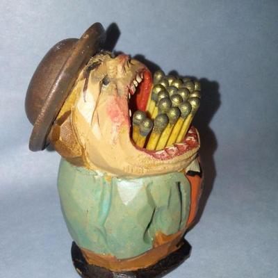 small BIG MOUTH carved wooden man match or toothpick holder = Vintage!