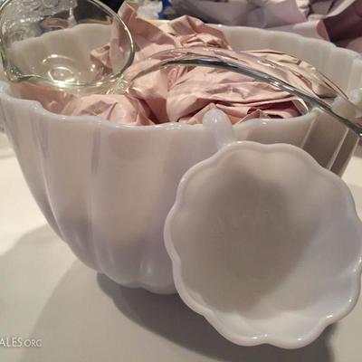 never used vintage milk-glass punch bowl & cups
