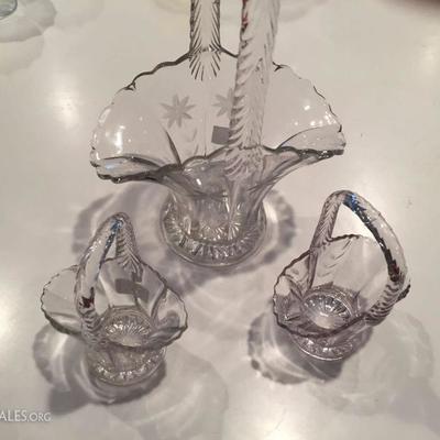 Vintage etched glass baskets - various prices