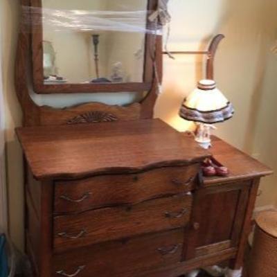 Antique American solid Oak dresser w/ side door and adjust mirror 