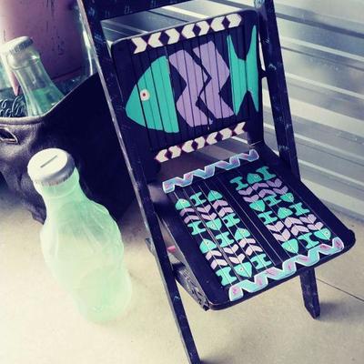 hand painted folding chair and other painted furniture Also - 5 large plastic coke bottles for party decorations