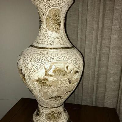Vintage 1950â€™s White Cinnabar Lamp with gold accents. Intricate hand carved white lacquer designs showing three different scenes
