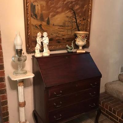 Drop front desk and marble  stand pedestal 