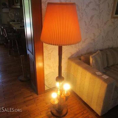 Solid oak and brass floor table lamp