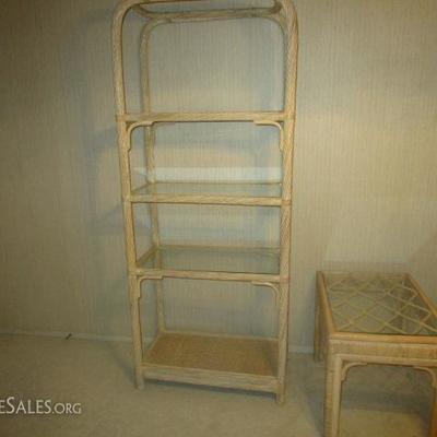 High end rattan bedroom set, showed in 3 separate lots: shelf unit, 2 side tables, chair with ottoman, and day bed