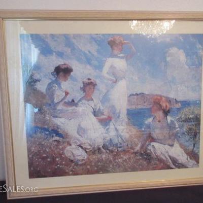 Print from 1949 - women on the beach in beautiful wooden frame and glass panel front
