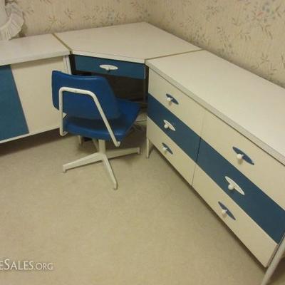 Vintage (1965) child's room corner unit with desk, cabinet, drawers, and a side table