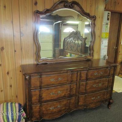 Vintage bedroom set, including: sleigh bed with ornate headboard and footboard, triple dresser and mirror, large armoire / entertainment...