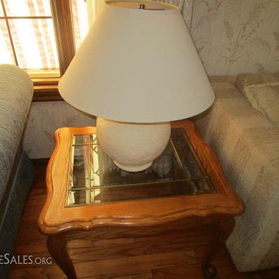 Vintage oak side table and lamp