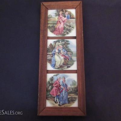 Victorian figures on tile, set of 3 in frame