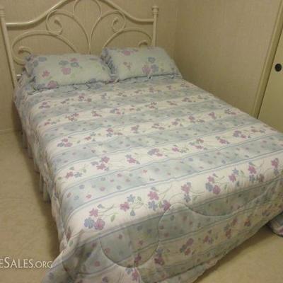 Queen size bed, box spring and mattress in great condition, plus metal white decorative headboard; includes sheets and bedspread