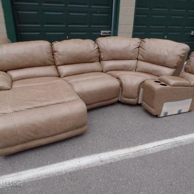 2014 Tan leather sectional couch 4 of 6 pieces, Chaise, center, corner and drink console (Purchased $2,872)
