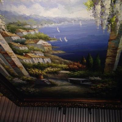 Rossini Greek Island 5' x 7' oil painting. Comes with large wood easel