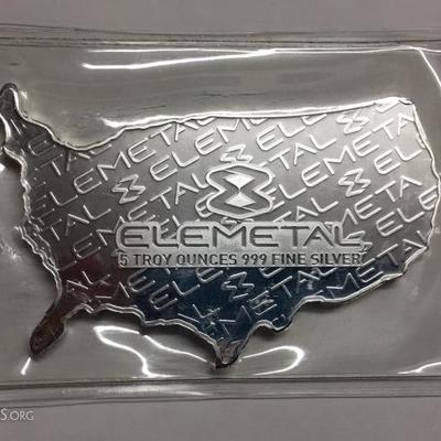 Elemental .999 fine silver 5 Troy Ounces U.S. flag bar