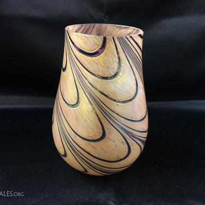 7" Art glass vase with purple, green, and gold iridescent pulled feather overlay