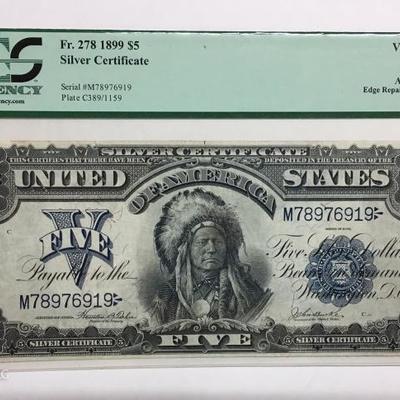 1899 $5 One Papa Chief Silver Certificate Rare