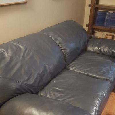 Navy blue leather sofa, has 2 matching club chairs shown above