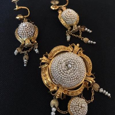 Antique Seed Pearl Broach and Earring Set, 10K