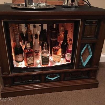 Awesome floor model TV converted into bar/liquor storage. (Liquor not for sale)