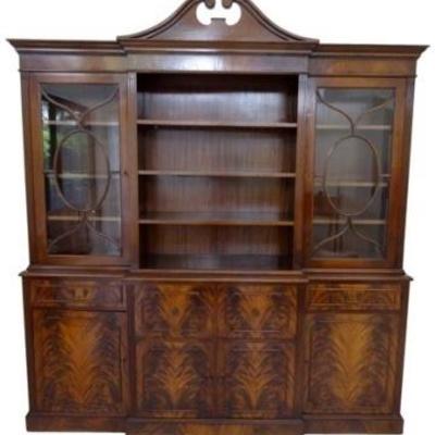 FLAME MAHOGANY BREAKFRONT BOOKCASE / BIBLIOTHEQUE, OPEN CENTER SECTION WITH WOOD SHELVES FLANKED BY TWO GLAZED DOOR CABINETS, LOWER...