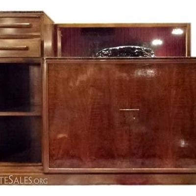 ART MODERNE STYLE SIDEBOARD OR BAR CABINET, MID CENTURY MODERN CIRCA 1940's, ASYMMETRICAL MIRROR TOP 2 DOOR CABINET WITH LEFT HAND...