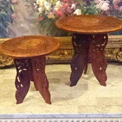 2 SMALL INDIAN BRASS INLAID WOOD TABLES, FOLDING 3 LEGGED BASES WITH CARVED BIRDS, VERY GOOD CONDITION, LARGER TABLE IS 14.75