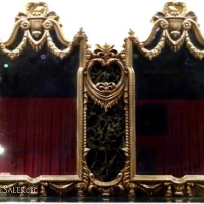 ROCOCO GILT WOOD MIRROR, MID 20TH CENTURY, 3 PANELS WITH ANTIQUED GLASS CENTER SECTION