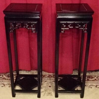 PAIR CHINESE WOOD PEDESTALS, BLACK ENAMEL FINISH, OPENWORK APRONS, VERY GOOD CONDITION WITH MINOR WEAR