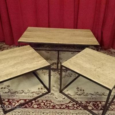 3 PC MID CENTURY COFFEE AND PAIR END TABLES, STONE TOPS, METAL BASES, VERY GOOD CONDITION, COFFEE TA