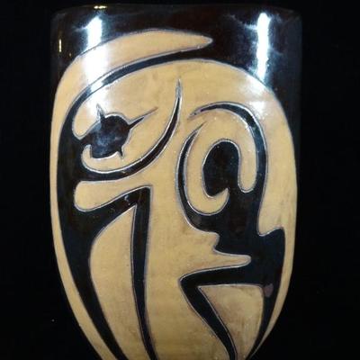 HECTOR MARRERO SIGNED ART POTTERY VASE, DARK BROWN AND TAN GLAZE WITH DANCING ABSTRACT FIGURES