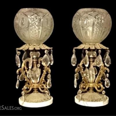 PAIR CRYSTAL AND BRASS LAMPS, MARBLE BASES, CRYSTAL DROPS AND DIFFUSER, VERY GOOD VINTAGE CONDITION, 16