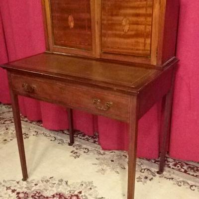 MARQUETRY WRITING DESK, GILT EMBOSSED LEATER TOP, 2 DOOR UPPER CABINET, 2 DRAWERS