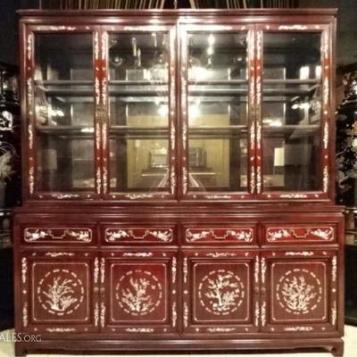 CHINESE ROSEWOOD BREAKFRONT, MOTHER OF PEARL INLAY, LIGHTED INTERIOR, WOOD SHELVES WITH GLASS INSETS