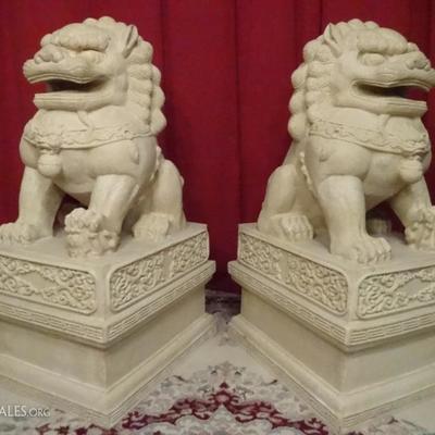 PAIR LARGE CHINESE FOO DOGS, CAST STONE COMPOSITION, VERY GOOD CONDITION, 3' TALL