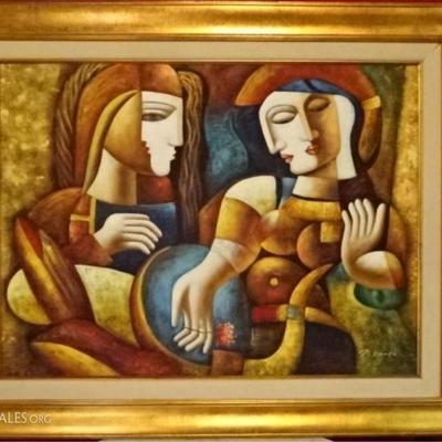 LARGE P. KAMEN ABSTRACT CUBIST PAINTING ON CANVAS, 2 FIGURES, SIGNED P. KAMEN LOWER RIGHT, VERY GOOD
