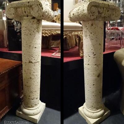 PAIR LARGE NATURAL CORAL ROCK IONIC COLUMNS, EACH COLUMN COMPRISED OF 4 SEPARATE PIECES, VERY GOOD CONDITION, 63