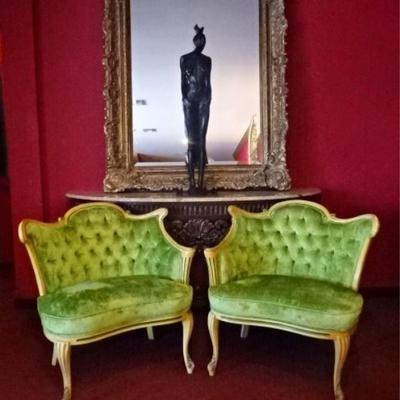 PAIR HOLLYWOOD REGENCY STYLE ARMCHAIRS, MID CENTURY, ASYMMETRICAL CARVED WOOD FRAMES, NEWER LIME GREEN VELVET UPHOLSTERY