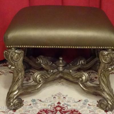 ROCOCO WOOD AND LEATHER OTTOMAN, TAUPE / BROWN LEATHER SEAT WITH NAILHEAD TRIM, ANTIQUED SILVER FINISH WOOD RAME, VERY GOOD CONDITION,...